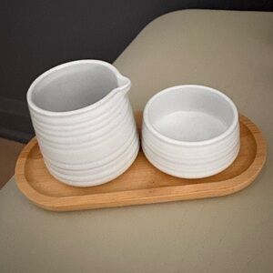 🤍 Nespresso Stoneware Creamer & Sugar Bowl Set w/ Bamboo Tray | Ribbed Ceramic